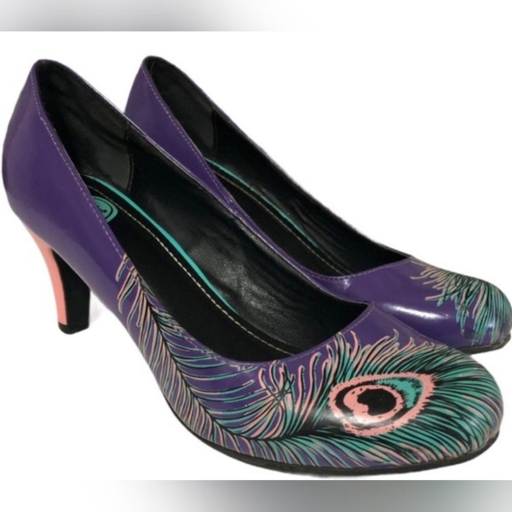 TUK peacock feather heels, retro style pinup footwear TUK size 8, quirky shoes
